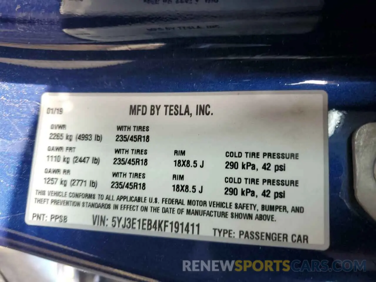 12 Фотография поврежденного автомобиля 5YJ3E1EB4KF191411 TESLA MODEL 3 2019