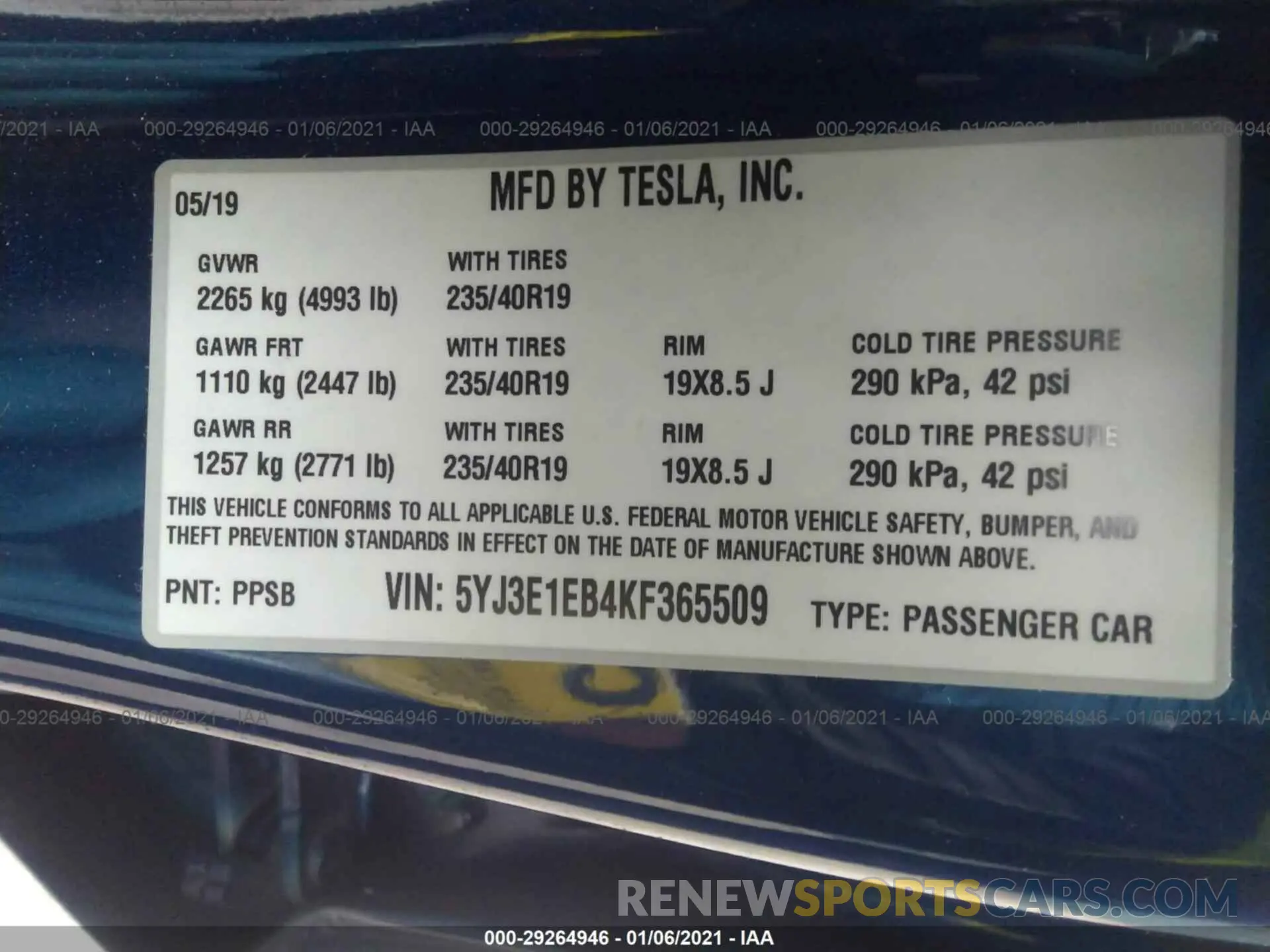 9 Photograph of a damaged car 5YJ3E1EB4KF365509 TESLA MODEL 3 2019