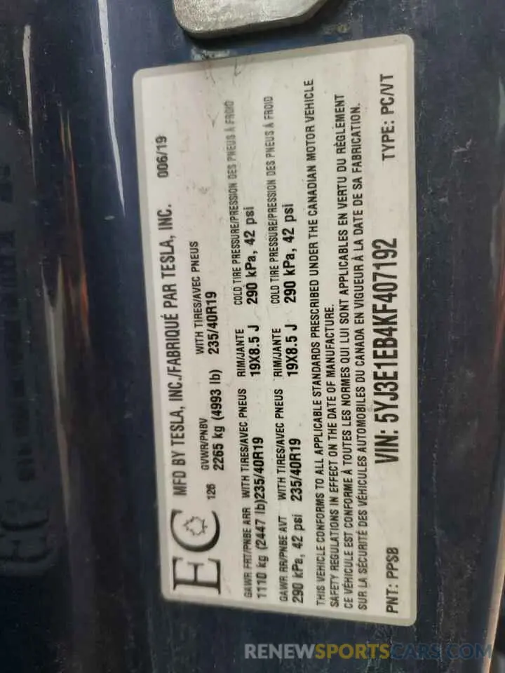 13 Photograph of a damaged car 5YJ3E1EB4KF407192 TESLA MODEL 3 2019