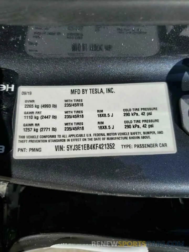 13 Photograph of a damaged car 5YJ3E1EB4KF421352 TESLA MODEL 3 2019