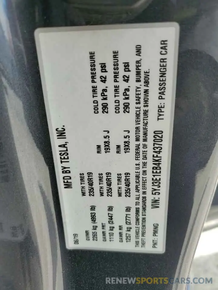 13 Фотография поврежденного автомобиля 5YJ3E1EB4KF437020 TESLA MODEL 3 2019
