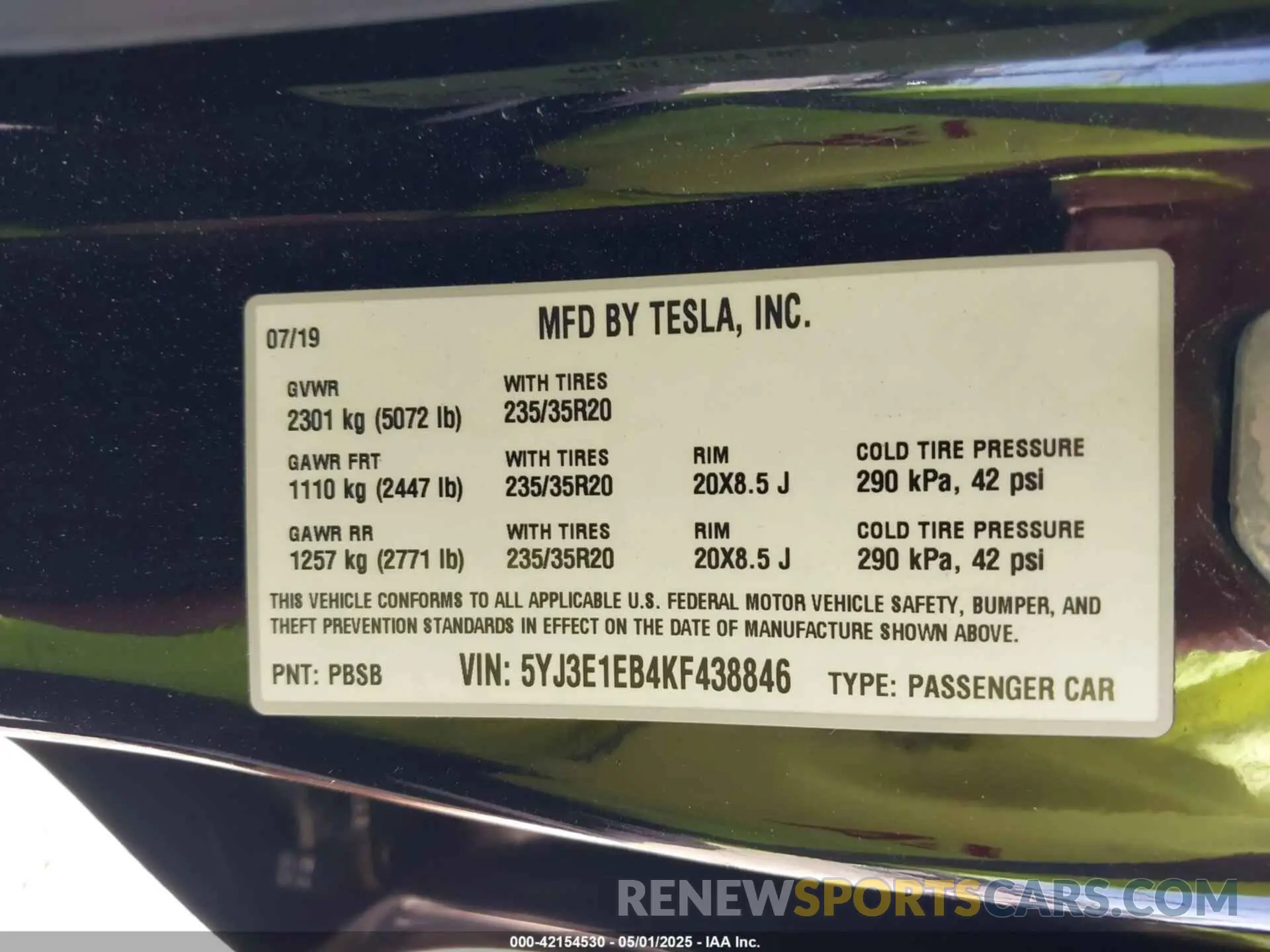 9 Фотография поврежденного автомобиля 5YJ3E1EB4KF438846 TESLA MODEL 3 2019