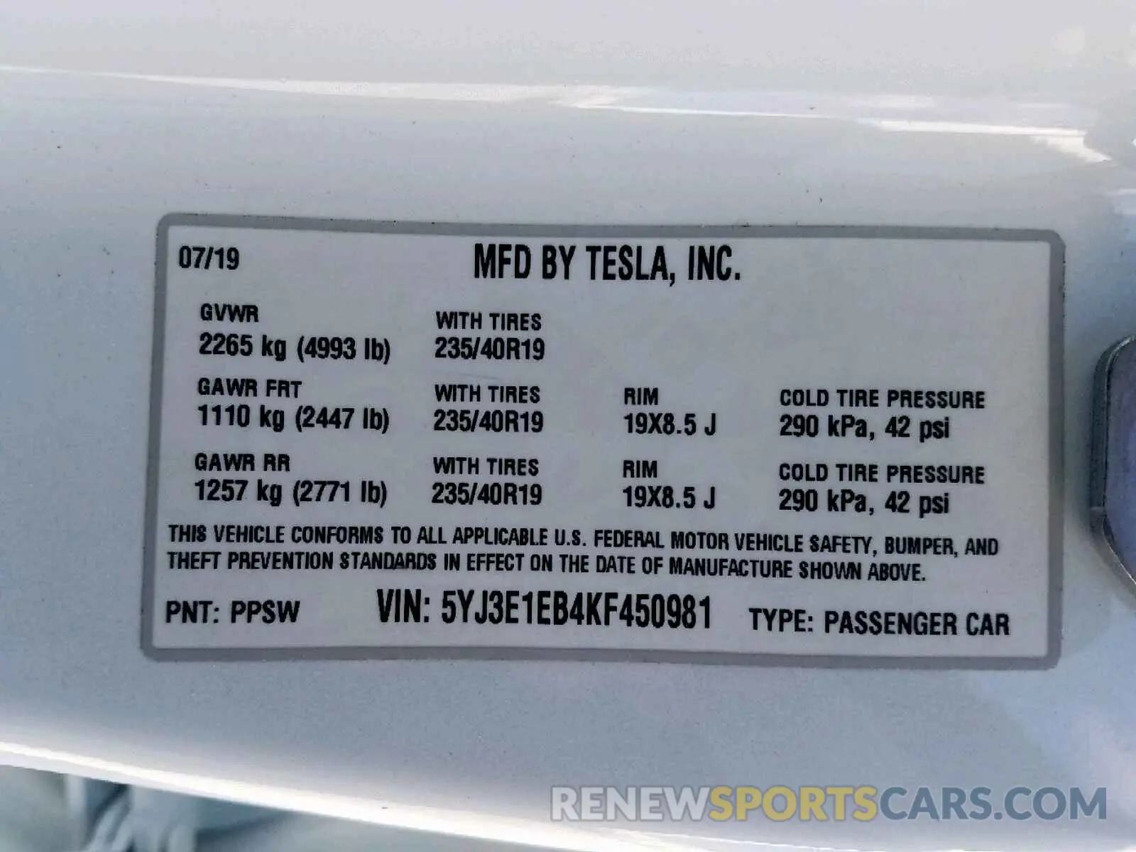 8 Photograph of a damaged car 5YJ3E1EB4KF450981 TESLA MODEL 3 2019