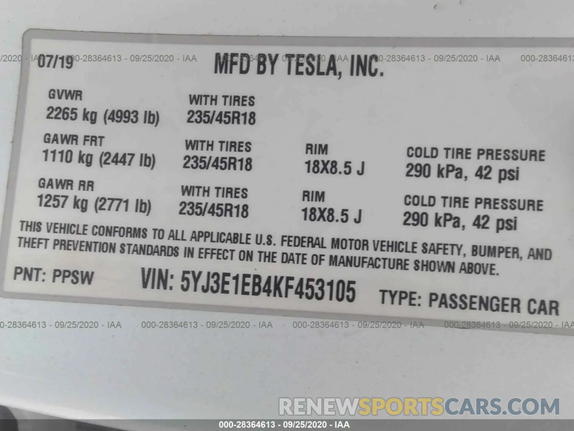 9 Photograph of a damaged car 5YJ3E1EB4KF453105 TESLA MODEL 3 2019
