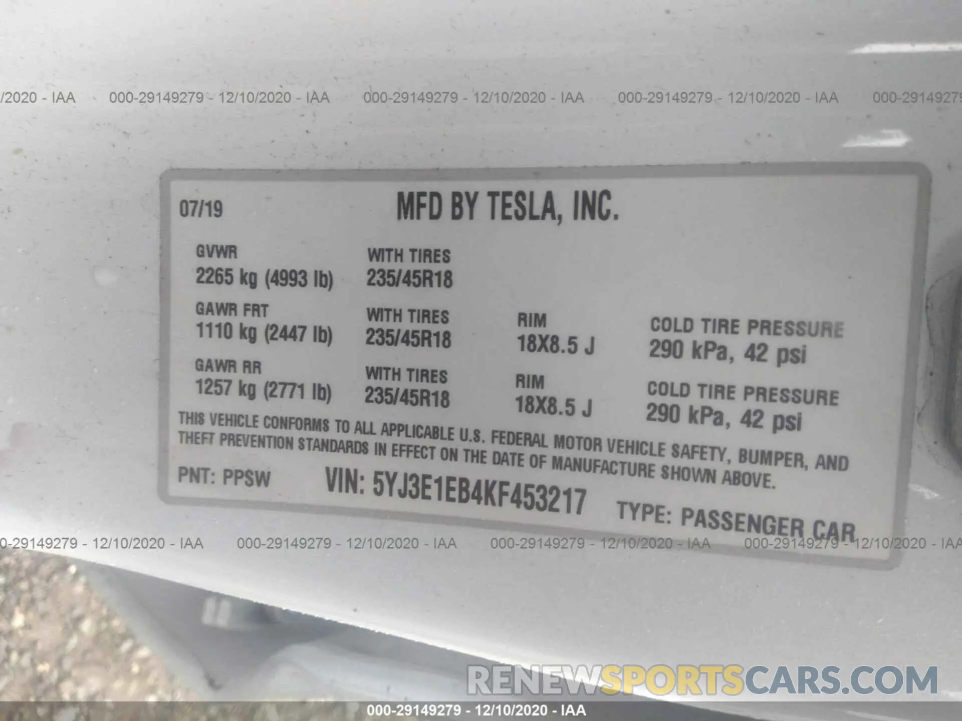 9 Photograph of a damaged car 5YJ3E1EB4KF453217 TESLA MODEL 3 2019