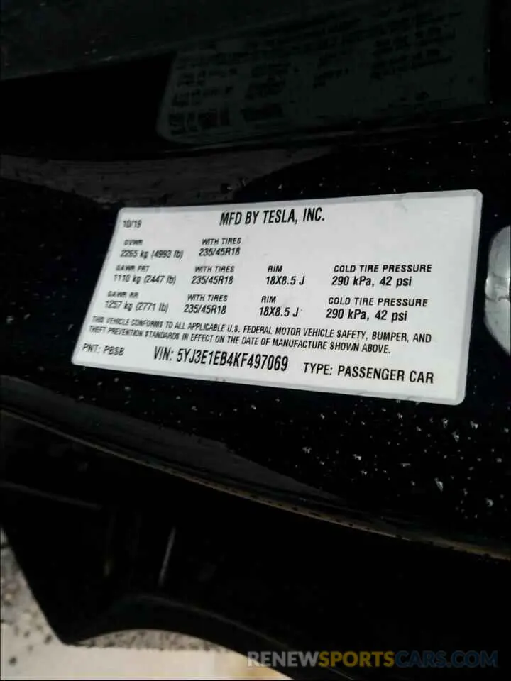 10 Photograph of a damaged car 5YJ3E1EB4KF497069 TESLA MODEL 3 2019