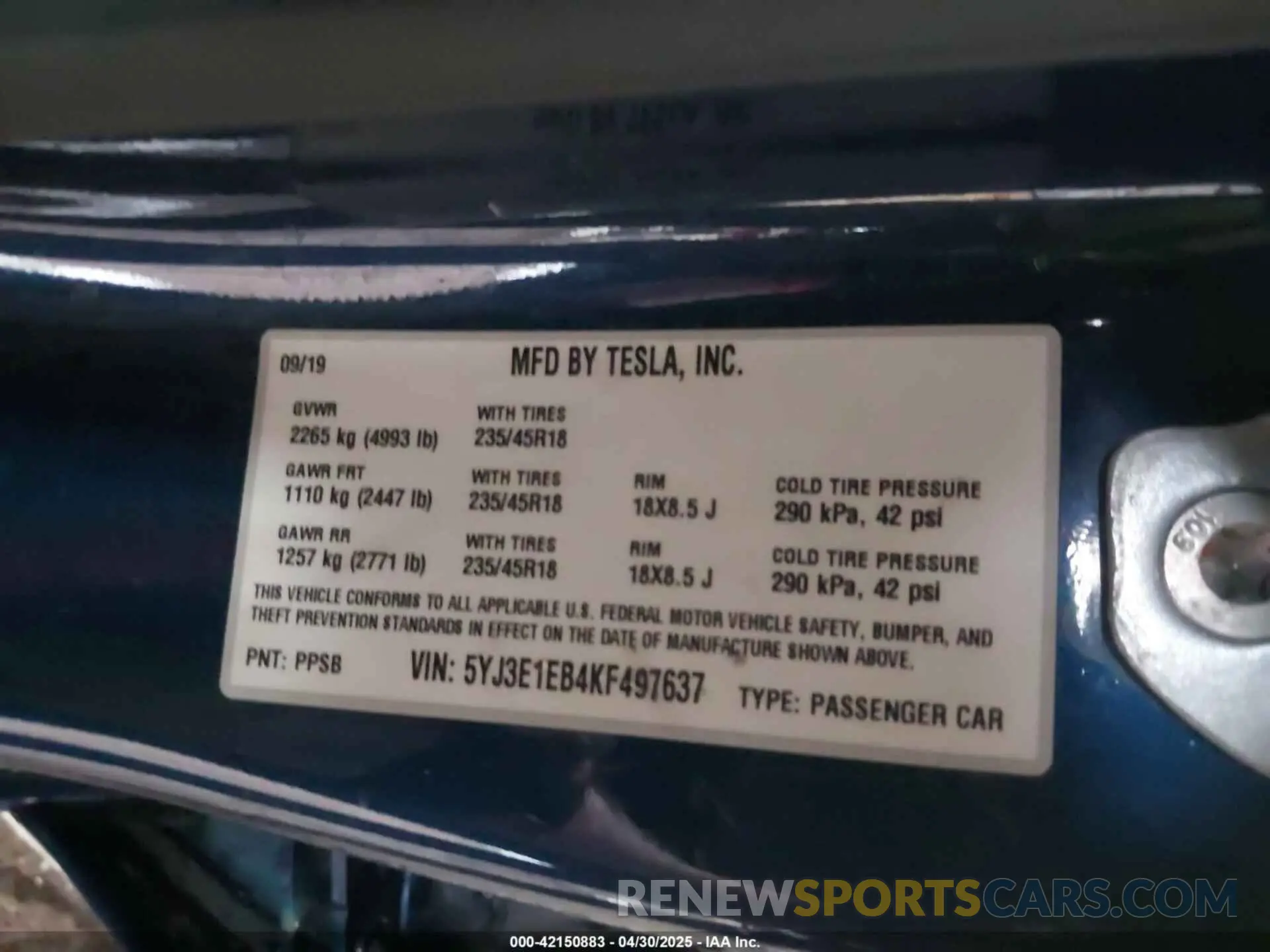 9 Фотография поврежденного автомобиля 5YJ3E1EB4KF497637 TESLA MODEL 3 2019