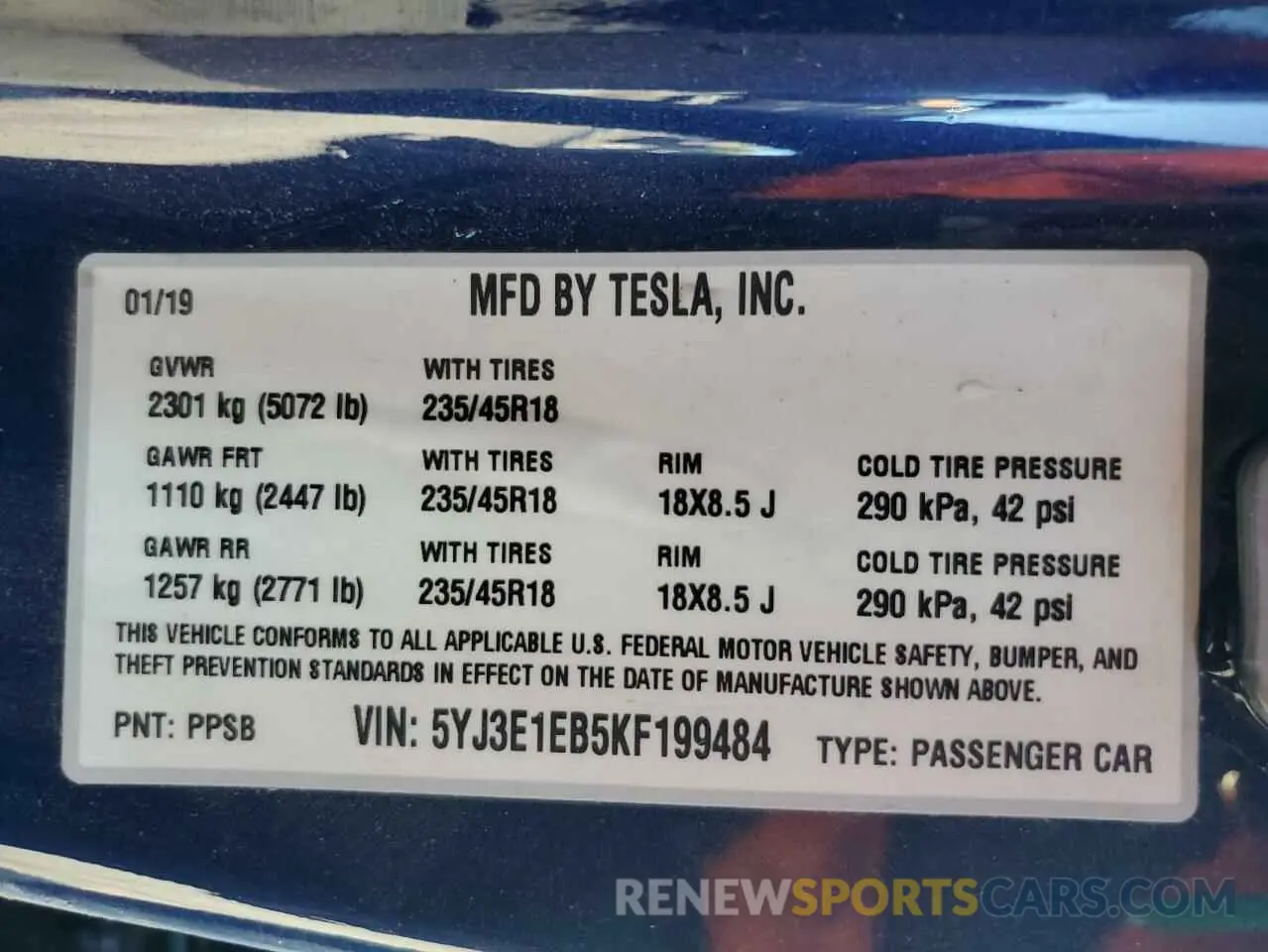 13 Photograph of a damaged car 5YJ3E1EB5KF199484 TESLA MODEL 3 2019