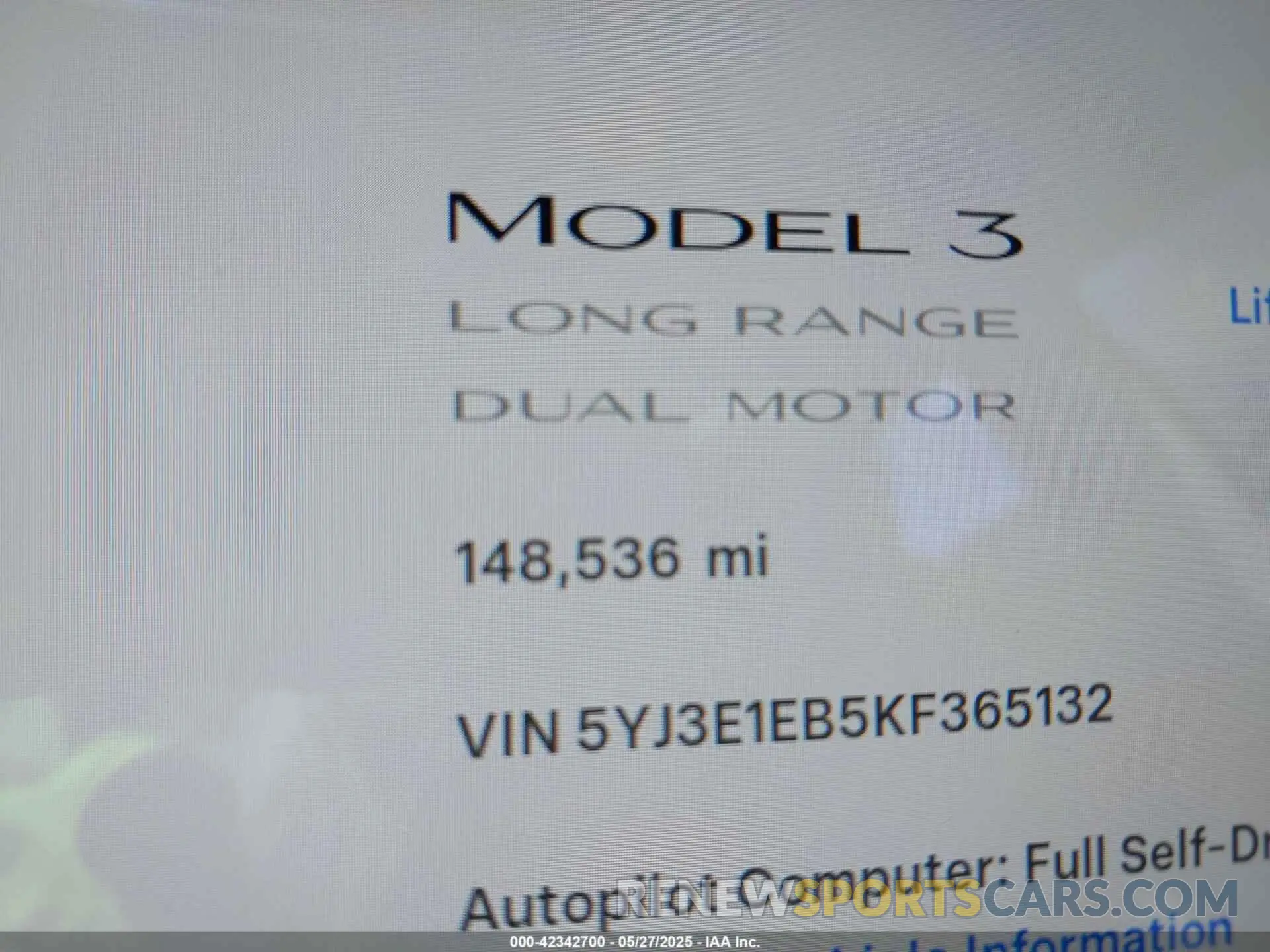 15 Photograph of a damaged car 5YJ3E1EB5KF365132 TESLA MODEL 3 2019
