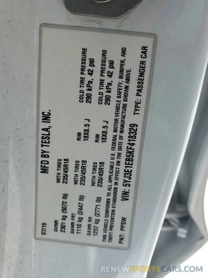 12 Фотография поврежденного автомобиля 5YJ3E1EB5KF418329 TESLA MODEL 3 2019