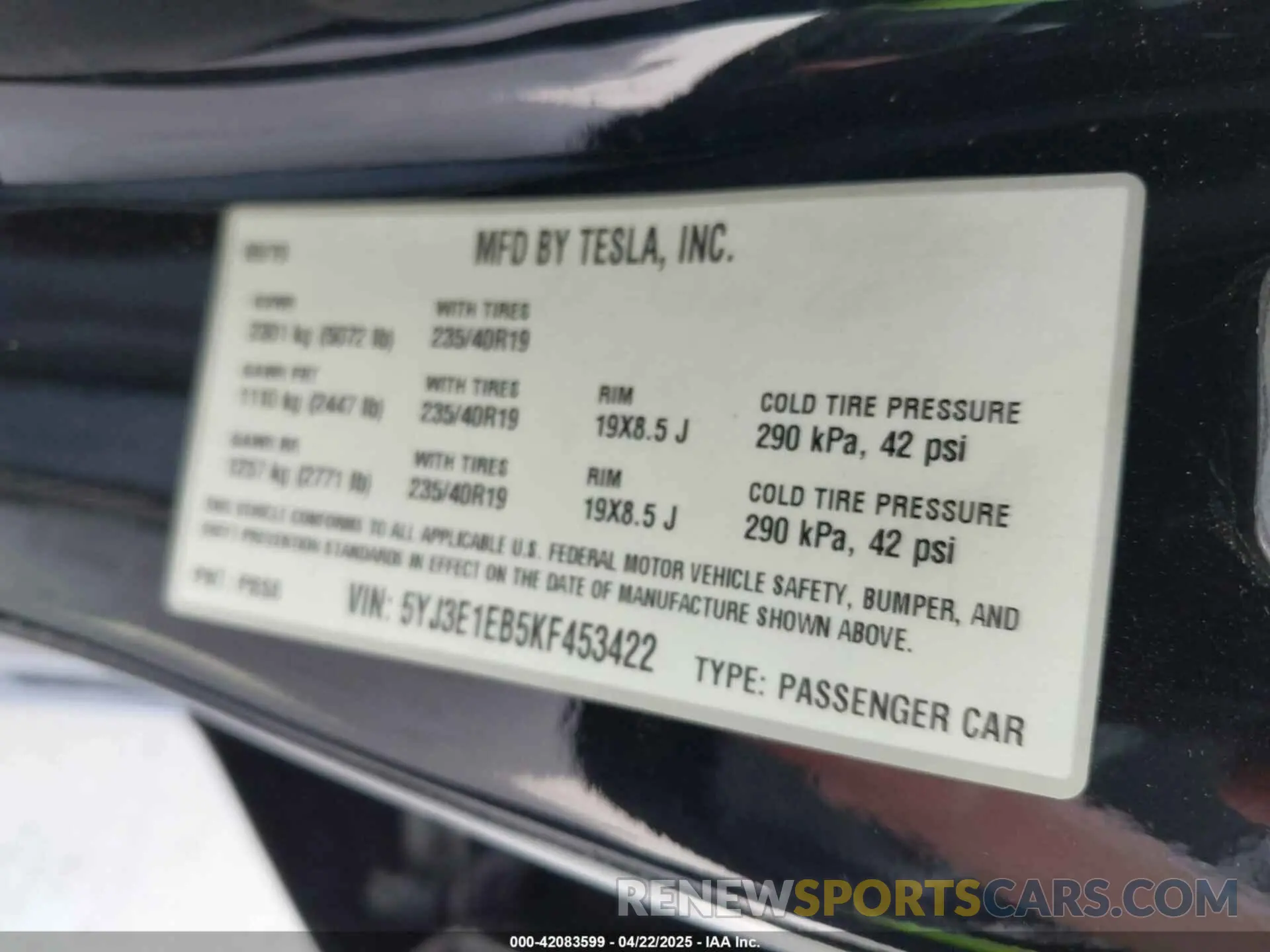 9 Фотография поврежденного автомобиля 5YJ3E1EB5KF453422 TESLA MODEL 3 2019
