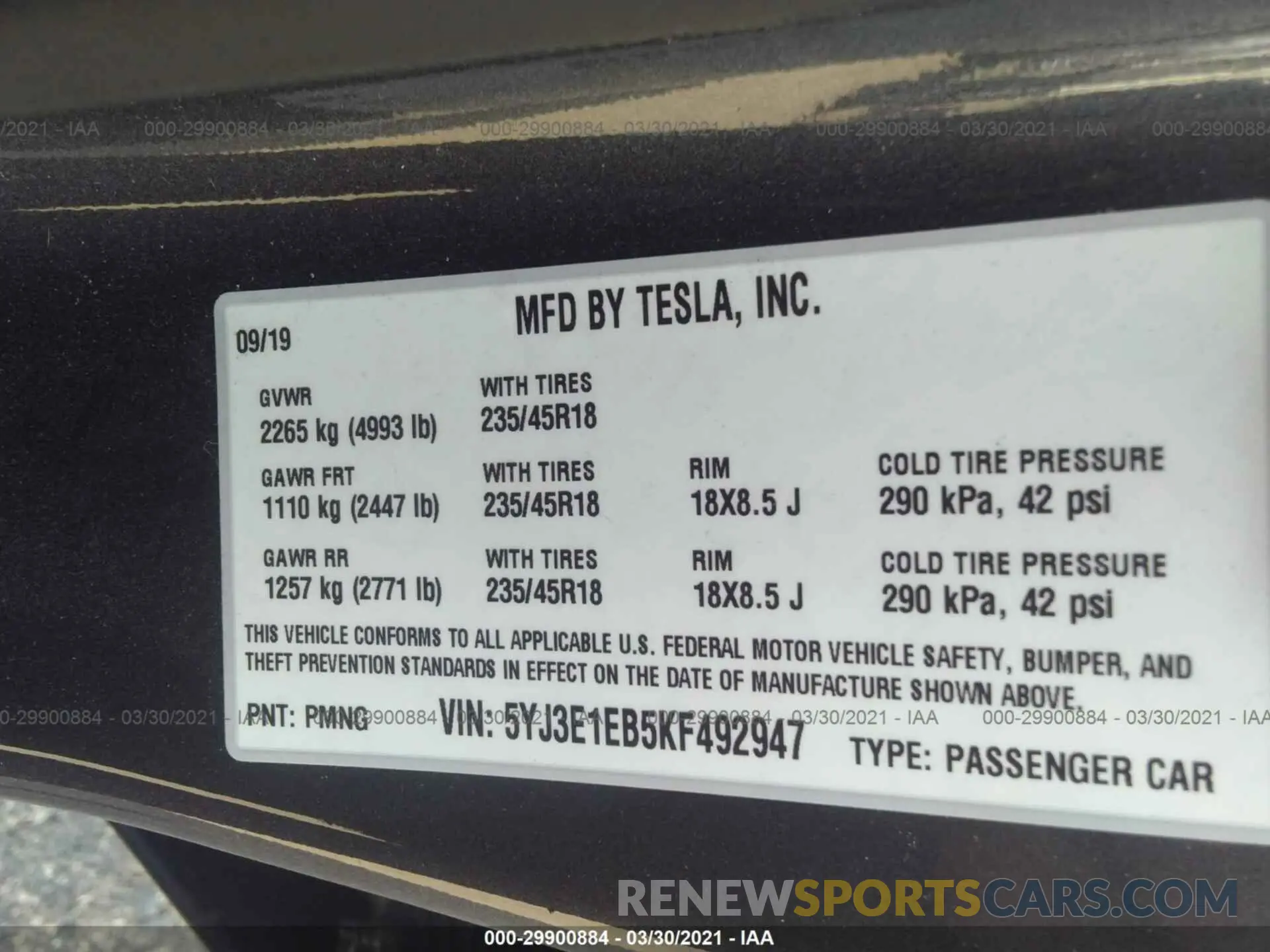 9 Photograph of a damaged car 5YJ3E1EB5KF492947 TESLA MODEL 3 2019