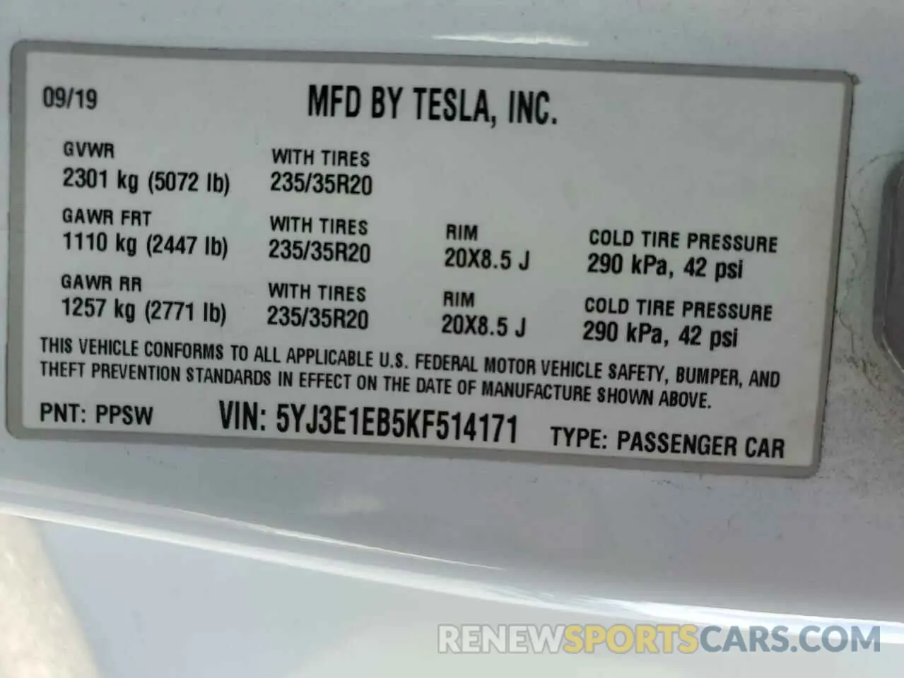14 Фотография поврежденного автомобиля 5YJ3E1EB5KF514171 TESLA MODEL 3 2019