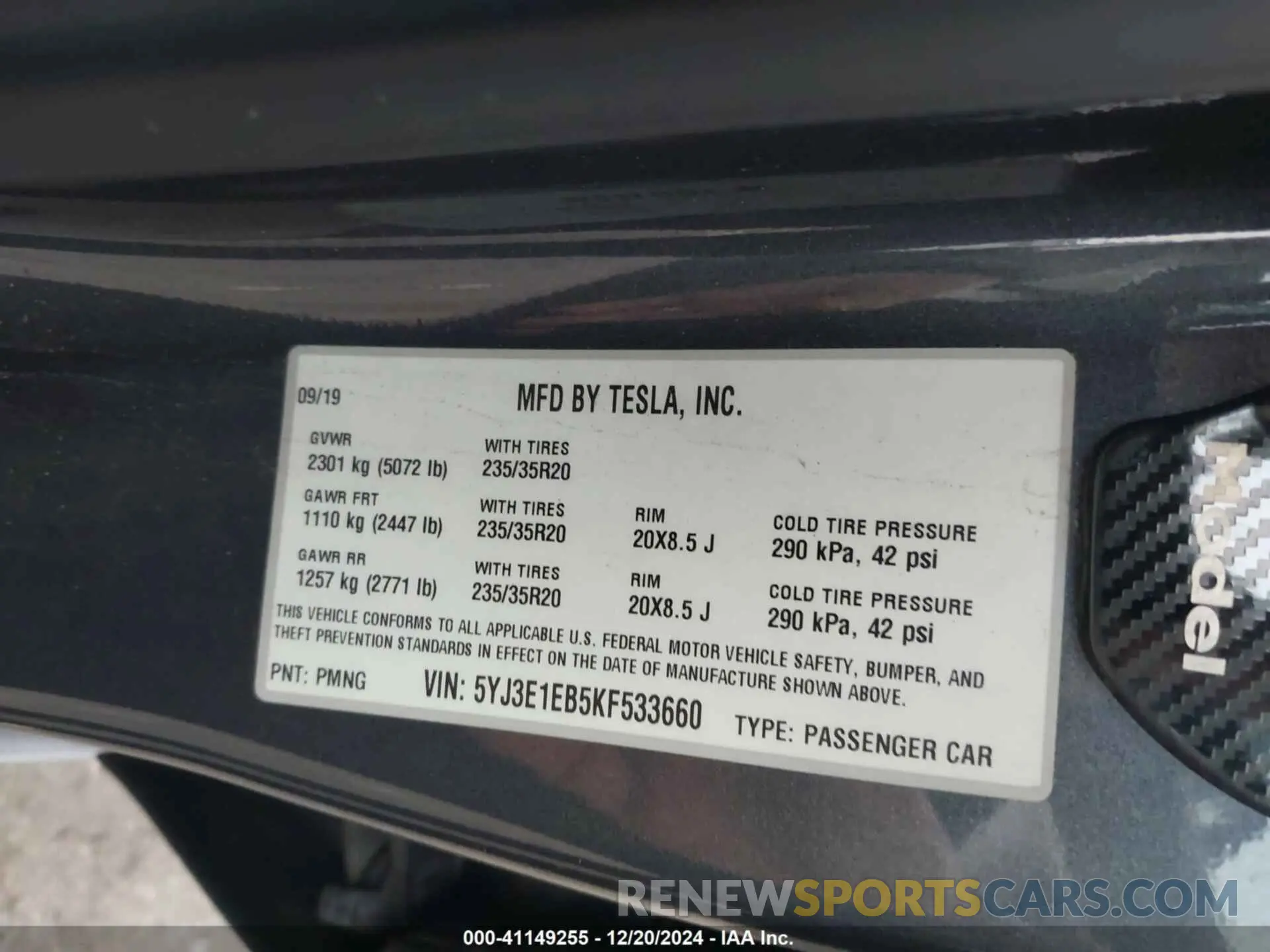 9 Фотография поврежденного автомобиля 5YJ3E1EB5KF533660 TESLA MODEL 3 2019