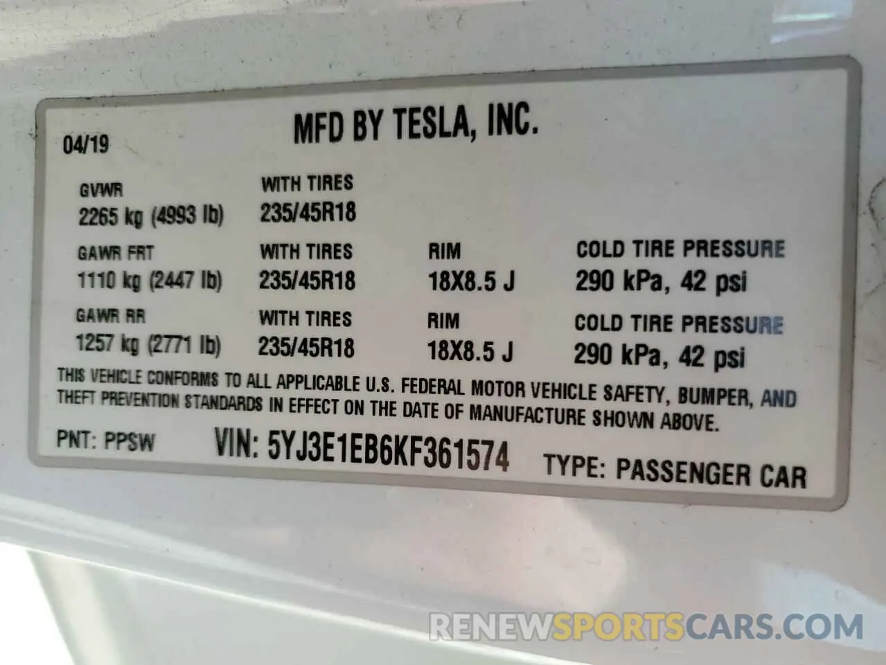 14 Photograph of a damaged car 5YJ3E1EB6KF361574 TESLA MODEL 3 2019