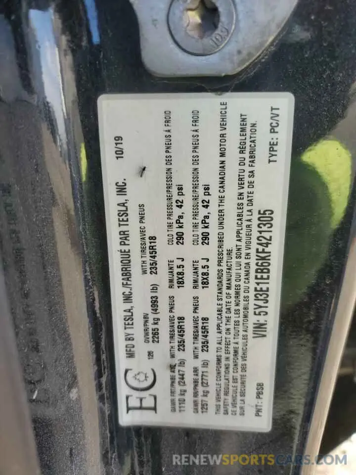 12 Фотография поврежденного автомобиля 5YJ3E1EB6KF421305 TESLA MODEL 3 2019