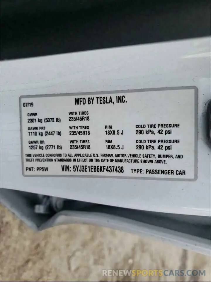 10 Photograph of a damaged car 5YJ3E1EB6KF437438 TESLA MODEL 3 2019