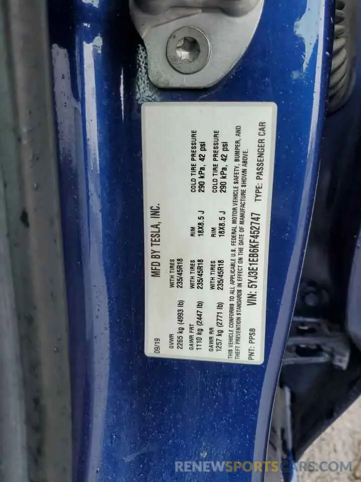 12 Фотография поврежденного автомобиля 5YJ3E1EB6KF452747 TESLA MODEL 3 2019
