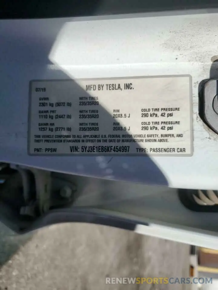 13 Photograph of a damaged car 5YJ3E1EB6KF454997 TESLA MODEL 3 2019