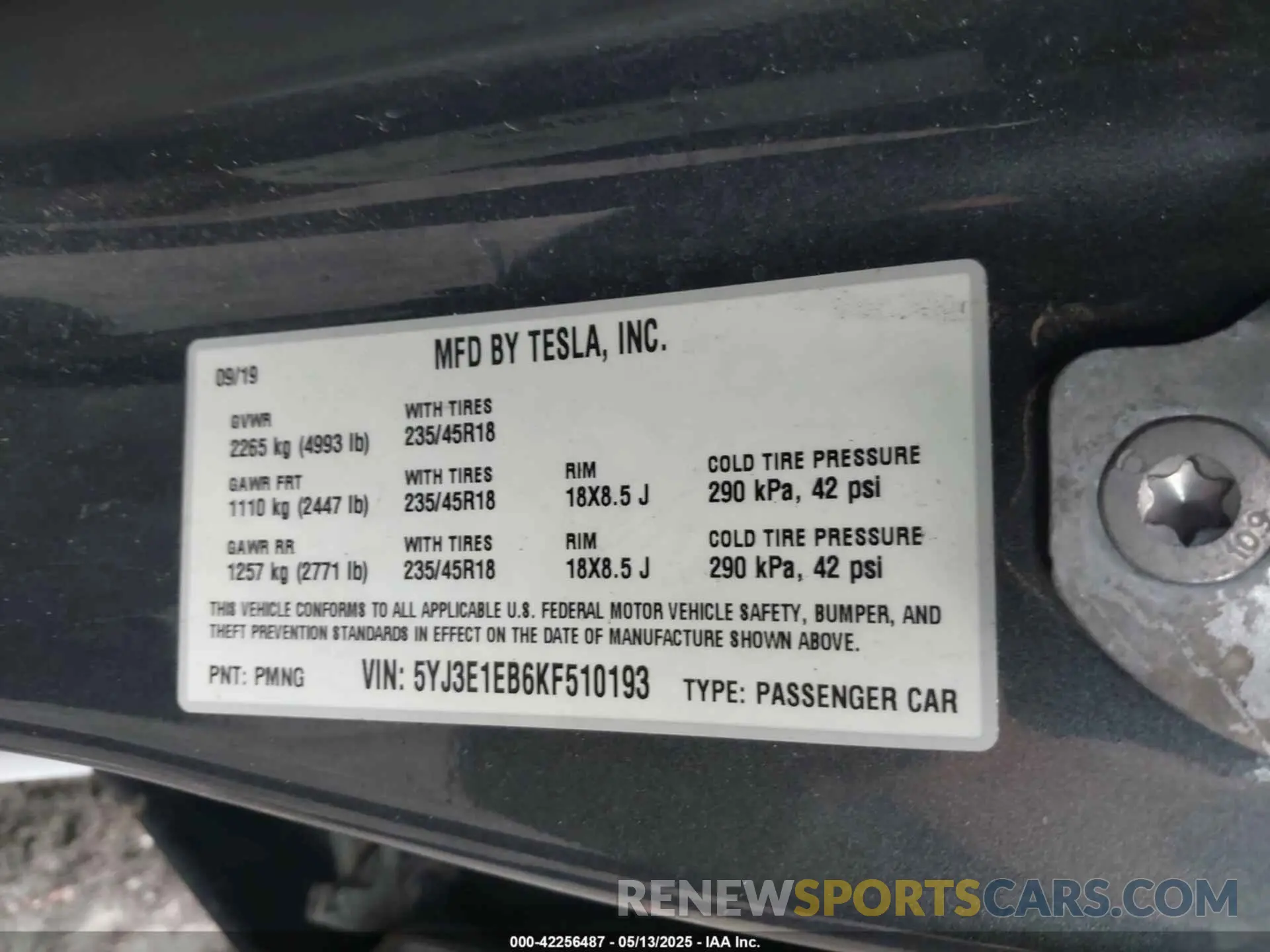 9 Photograph of a damaged car 5YJ3E1EB6KF510193 TESLA MODEL 3 2019