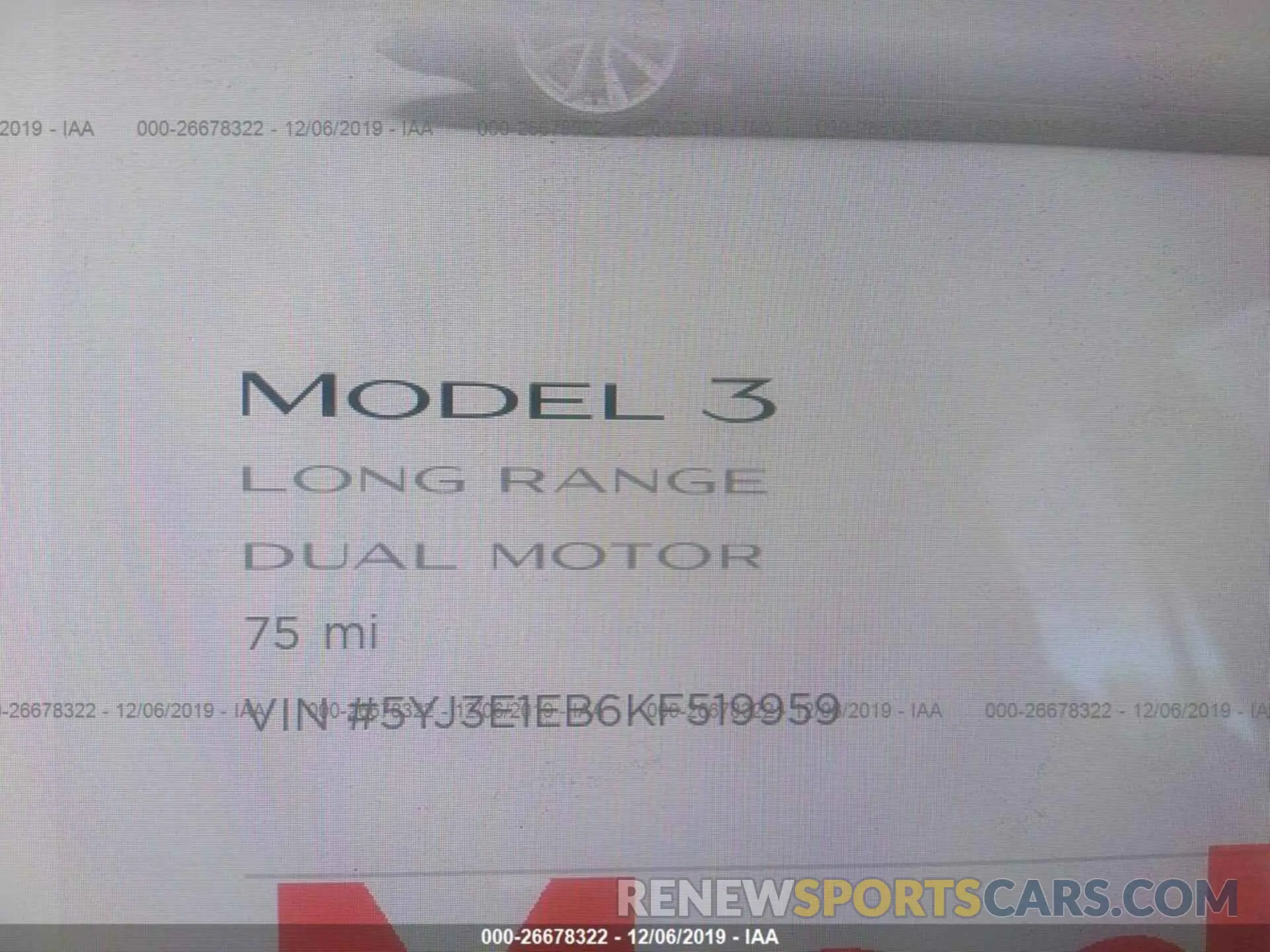 7 Photograph of a damaged car 5YJ3E1EB6KF519959 TESLA MODEL 3 2019