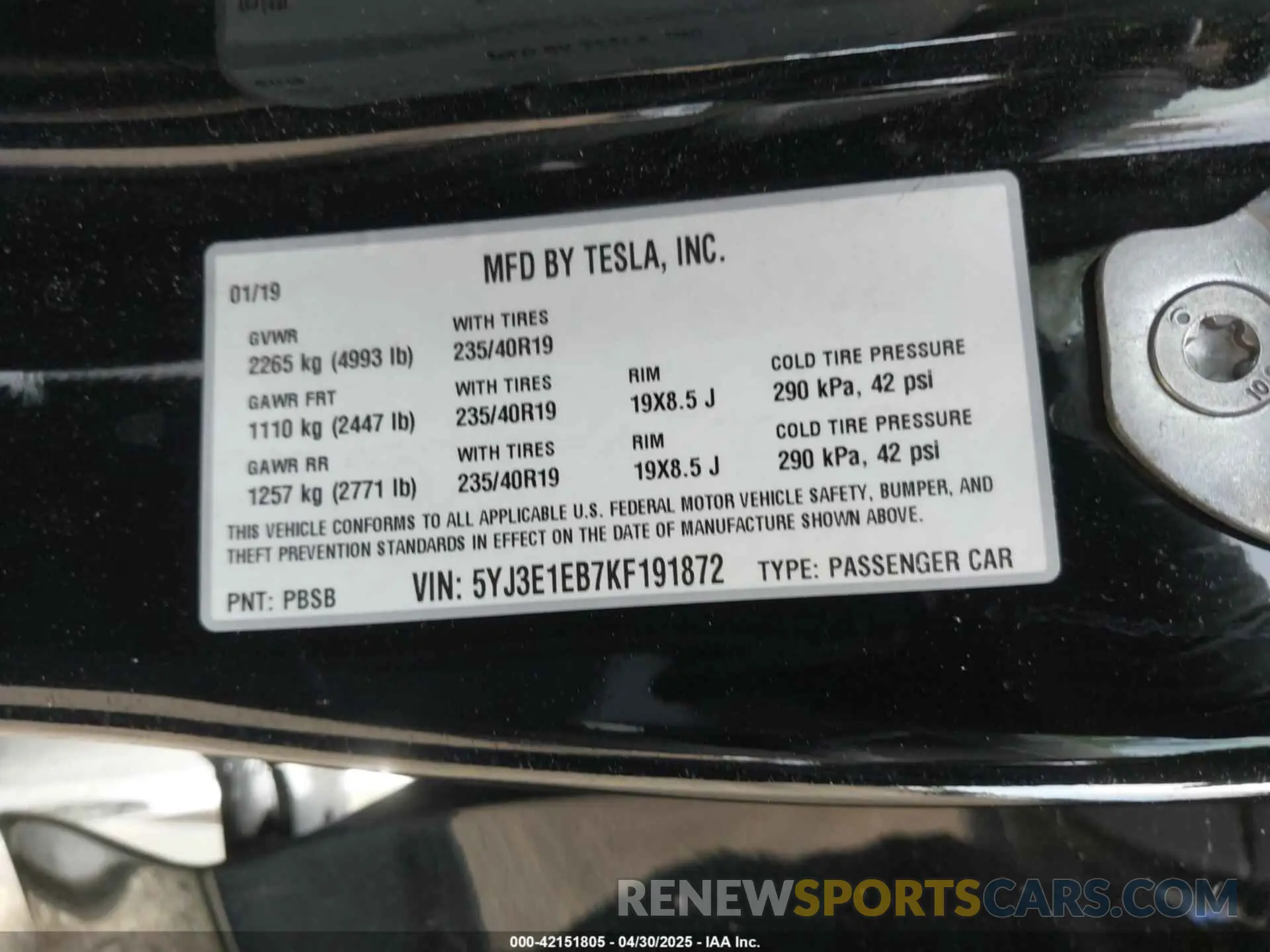 9 Фотография поврежденного автомобиля 5YJ3E1EB7KF191872 TESLA MODEL 3 2019