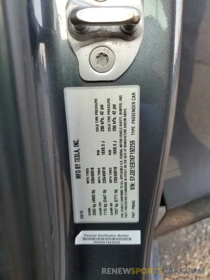 12 Фотография поврежденного автомобиля 5YJ3E1EB7KF192259 TESLA MODEL 3 2019