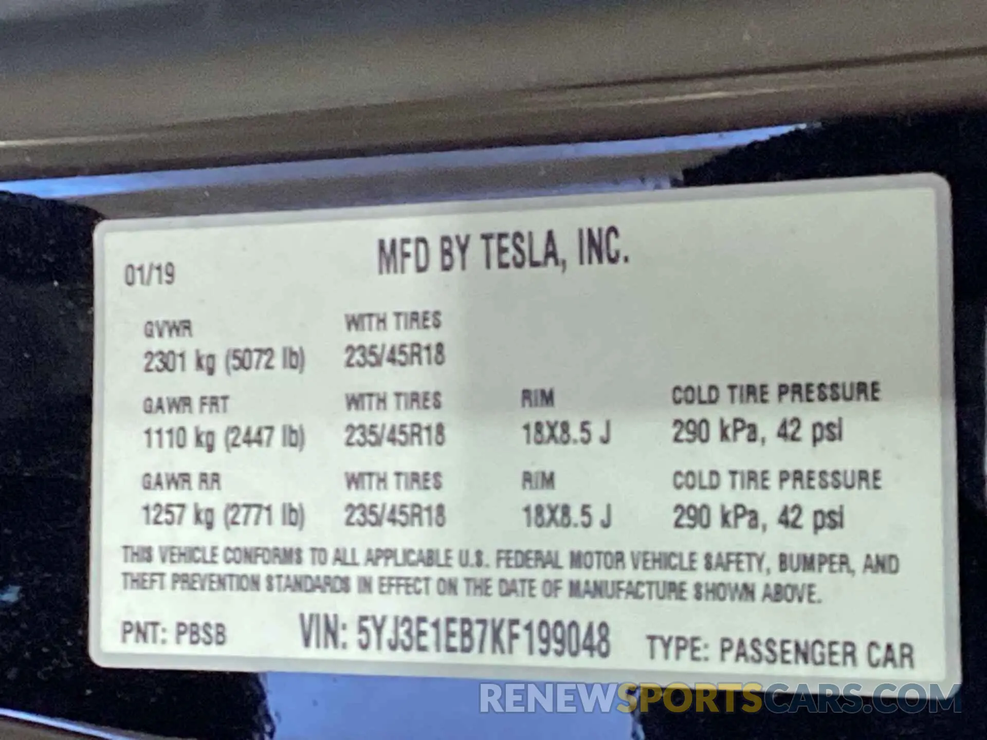 11 Photograph of a damaged car 5YJ3E1EB7KF199048 TESLA MODEL 3 2019