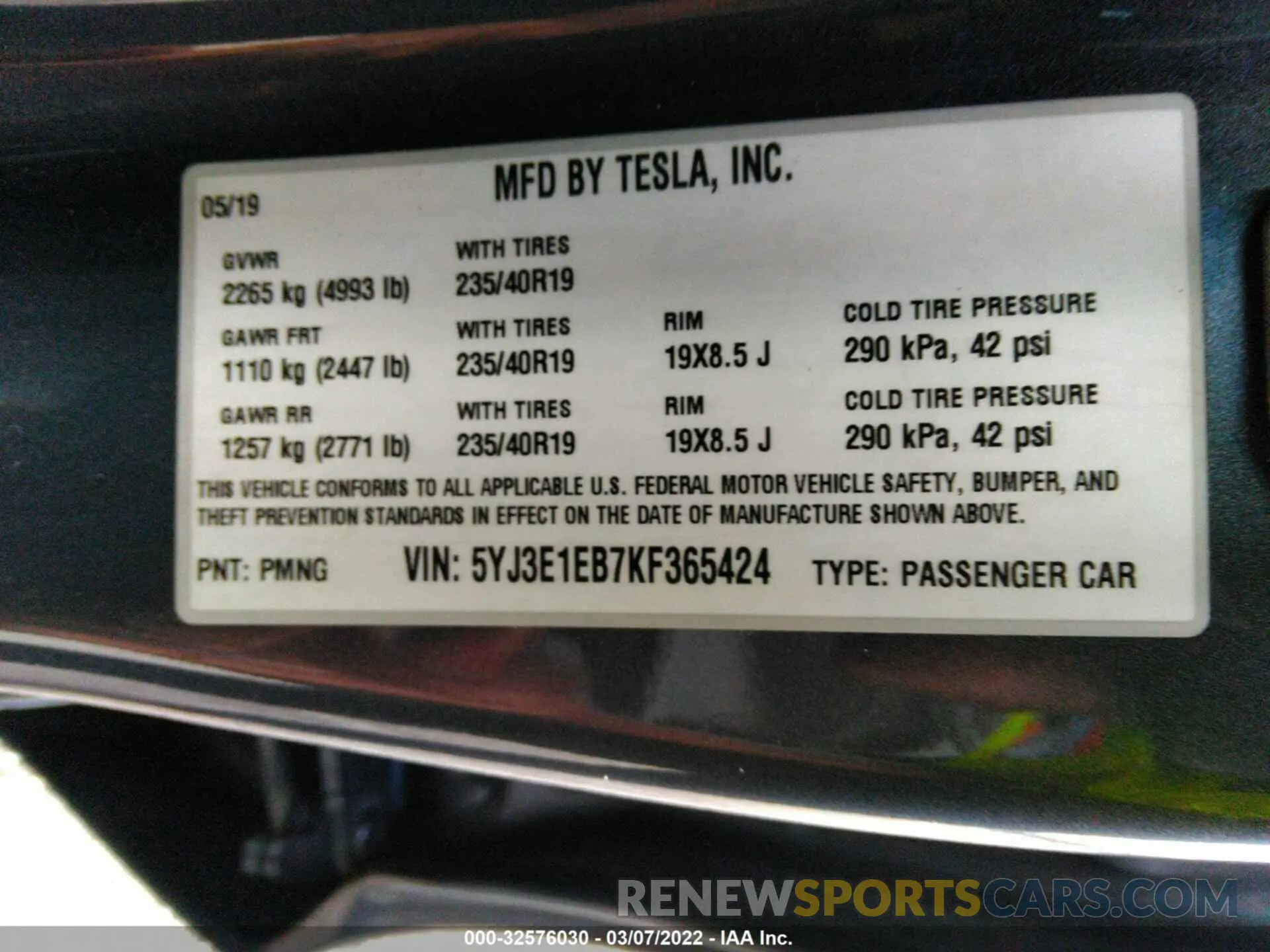 9 Photograph of a damaged car 5YJ3E1EB7KF365424 TESLA MODEL 3 2019