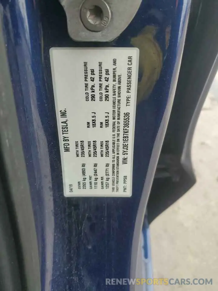12 Photograph of a damaged car 5YJ3E1EB7KF365536 TESLA MODEL 3 2019