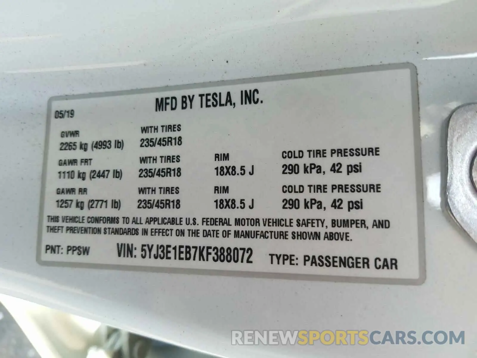 10 Photograph of a damaged car 5YJ3E1EB7KF388072 TESLA MODEL 3 2019
