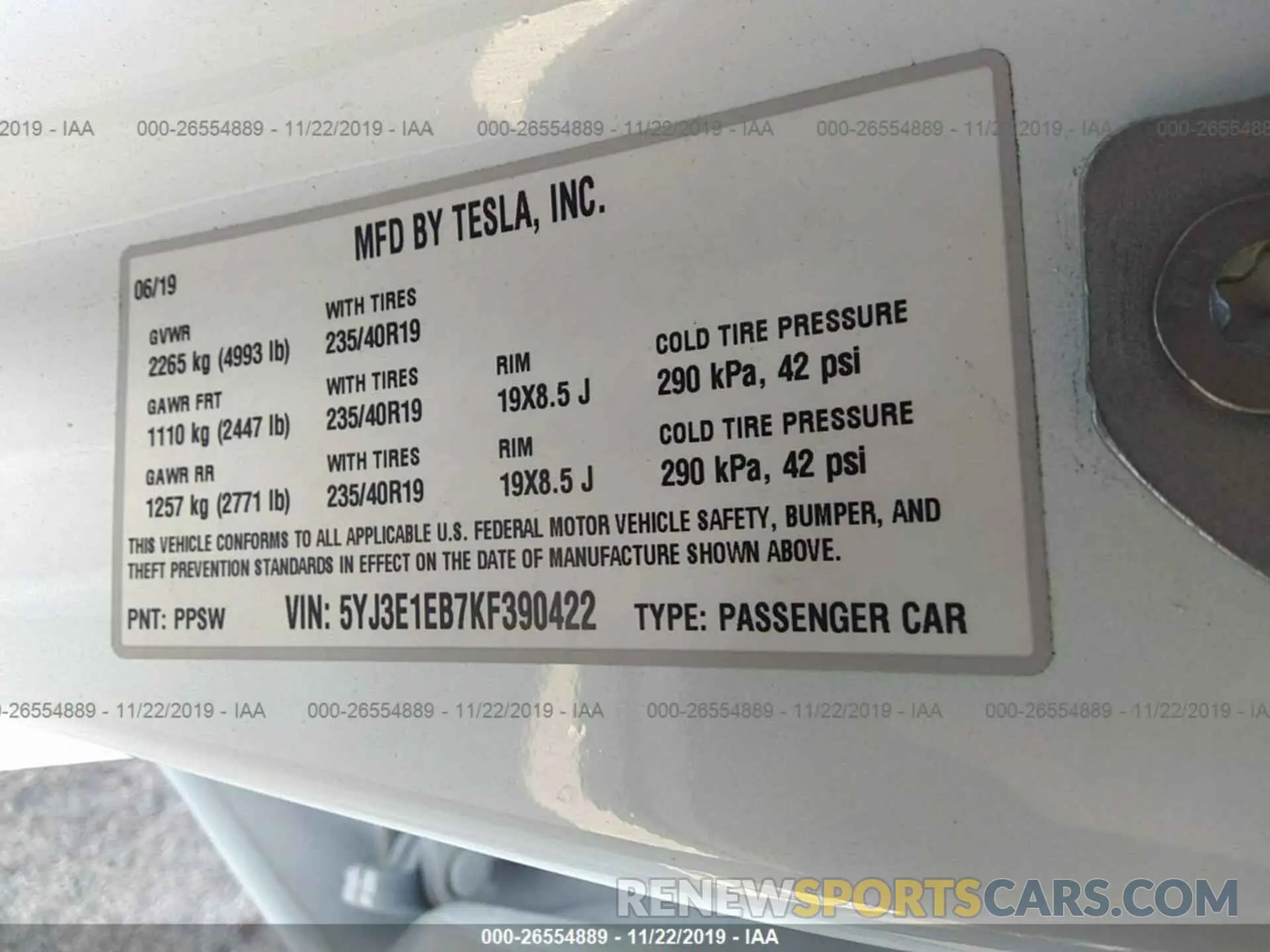 9 Photograph of a damaged car 5YJ3E1EB7KF390422 TESLA MODEL 3 2019