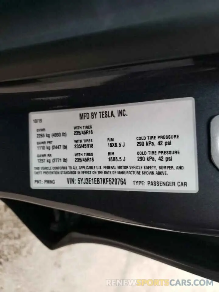 10 Photograph of a damaged car 5YJ3E1EB7KF520764 TESLA MODEL 3 2019
