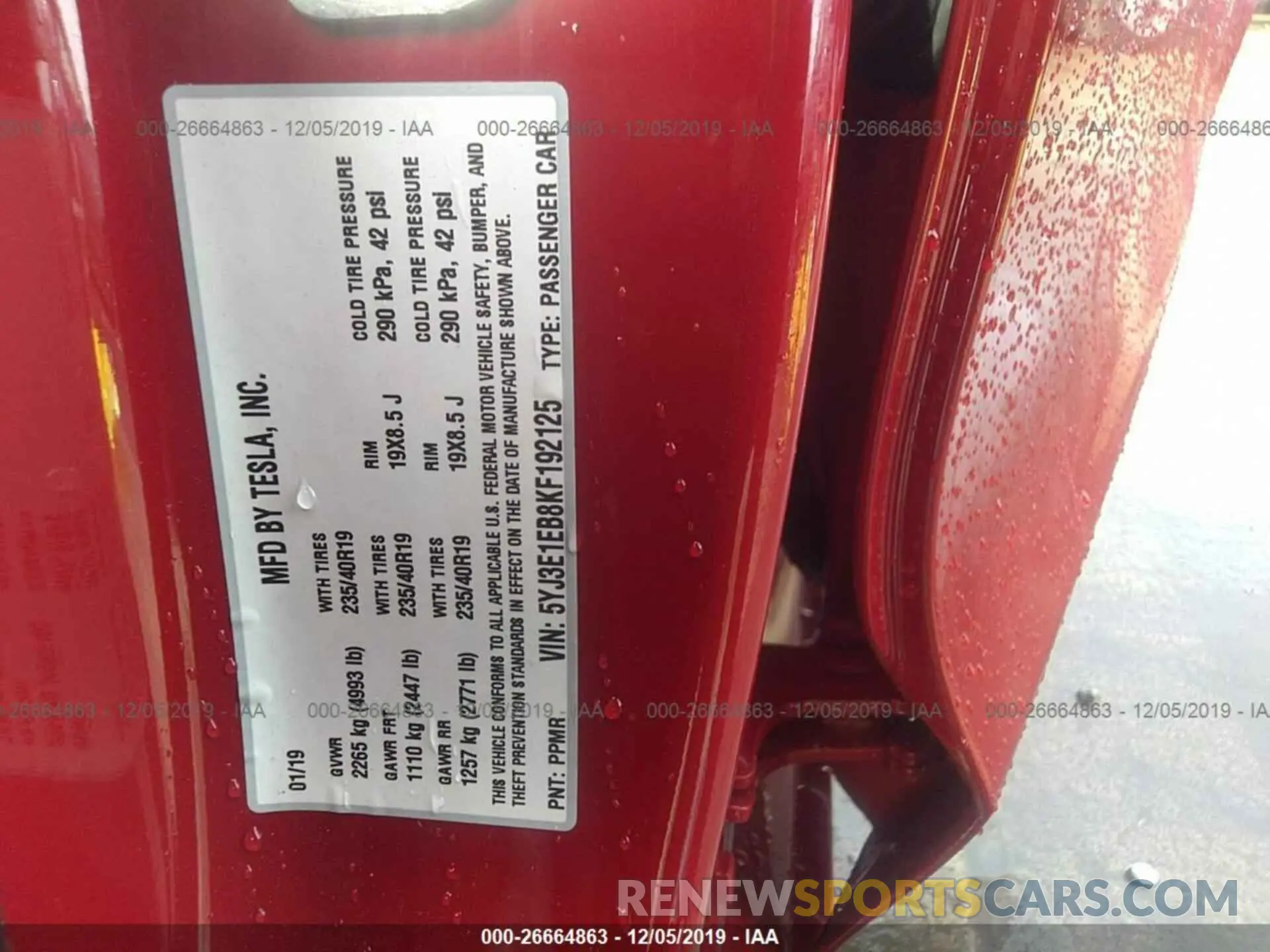 9 Photograph of a damaged car 5YJ3E1EB8KF192125 TESLA MODEL 3 2019