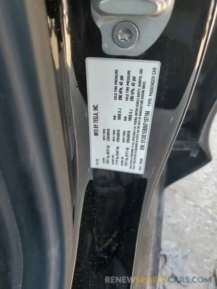 12 Photograph of a damaged car 5YJ3E1EB8KF197194 TESLA MODEL 3 2019