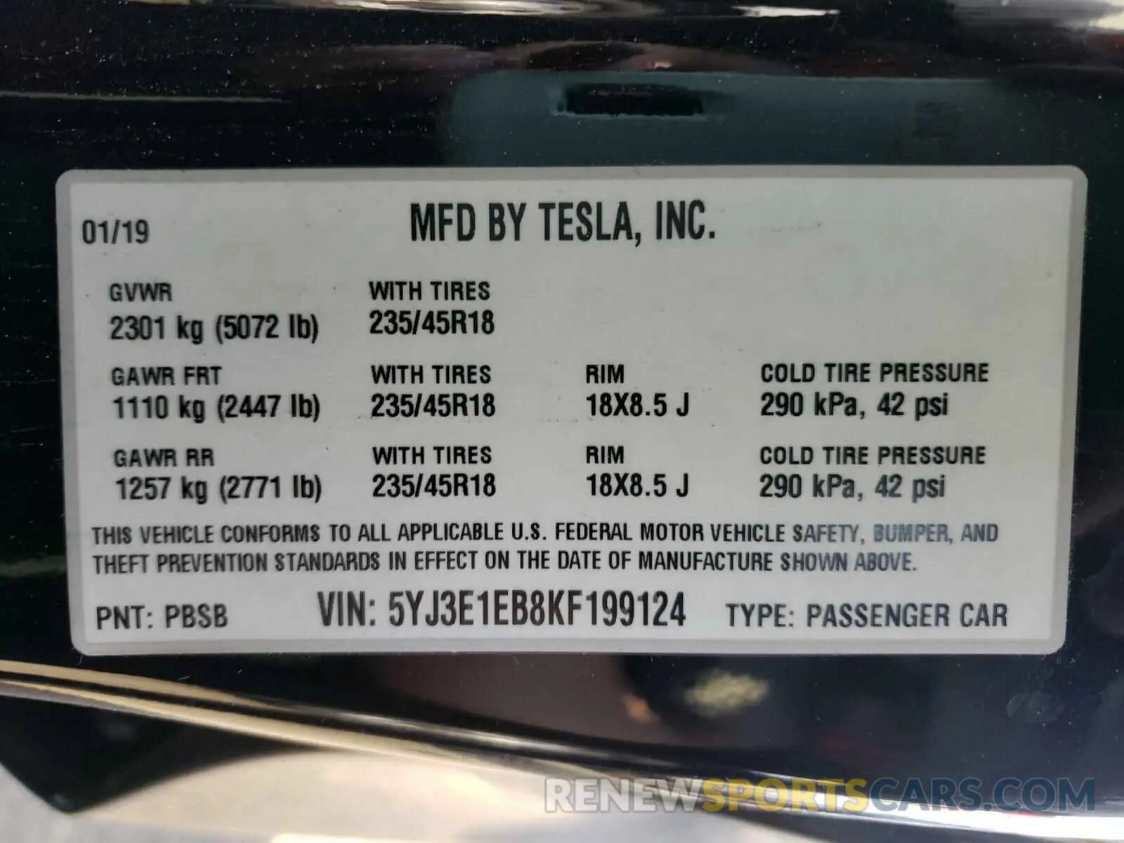 10 Photograph of a damaged car 5YJ3E1EB8KF199124 TESLA MODEL 3 2019