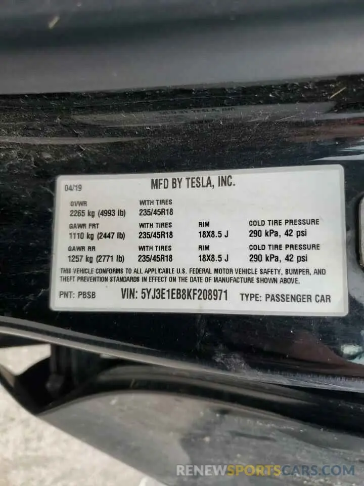 12 Photograph of a damaged car 5YJ3E1EB8KF208971 TESLA MODEL 3 2019