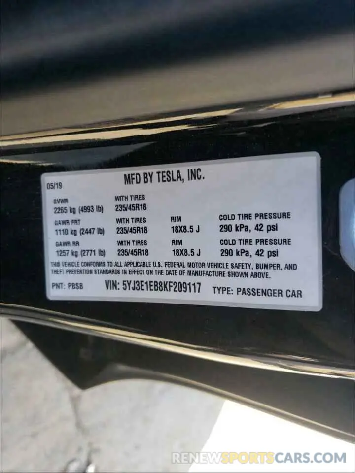 10 Photograph of a damaged car 5YJ3E1EB8KF209117 TESLA MODEL 3 2019