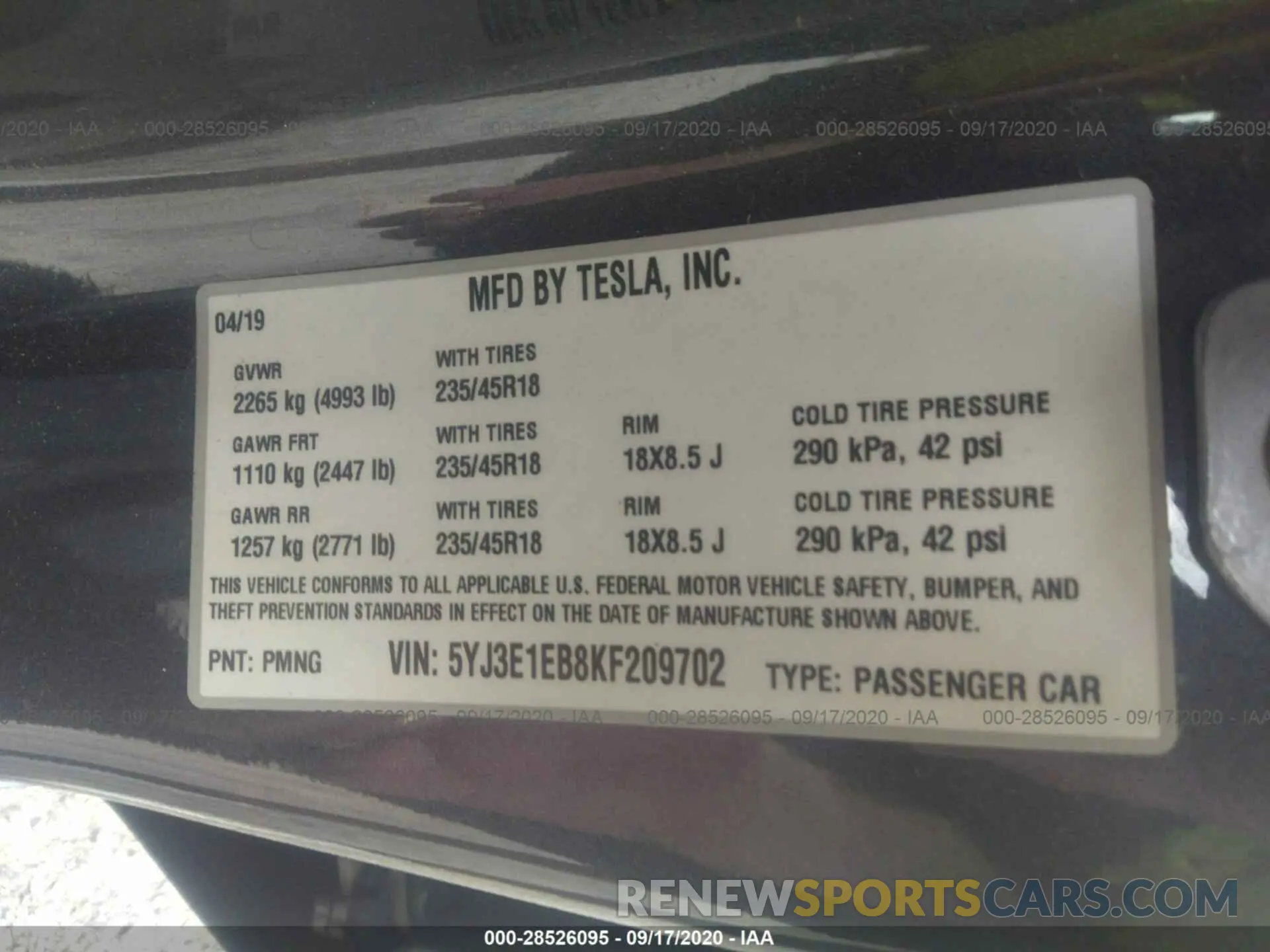 9 Photograph of a damaged car 5YJ3E1EB8KF209702 TESLA MODEL 3 2019