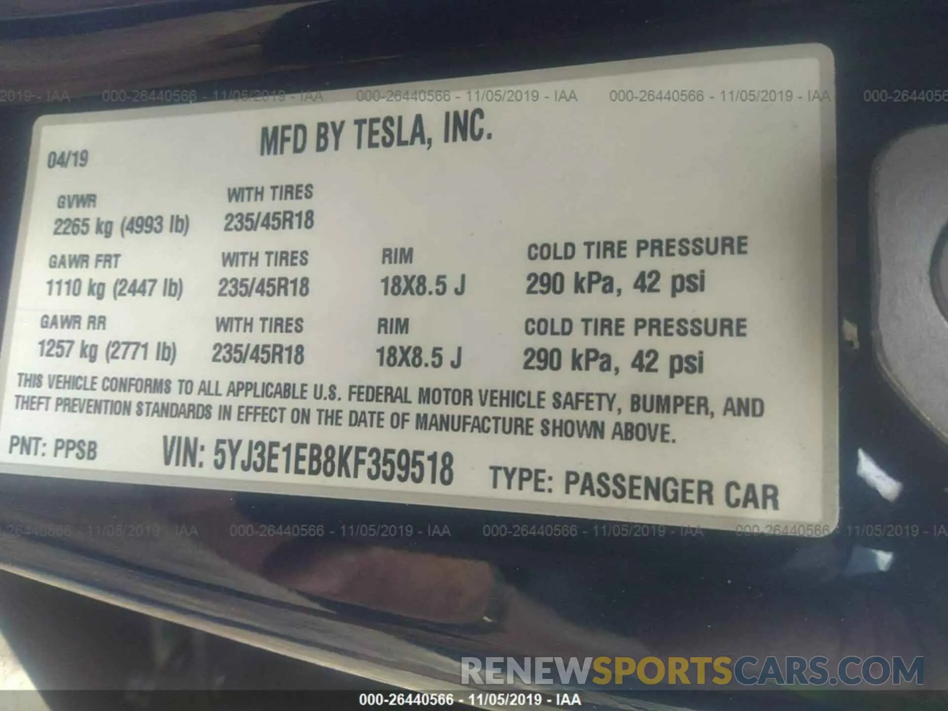 9 Photograph of a damaged car 5YJ3E1EB8KF359518 TESLA MODEL 3 2019