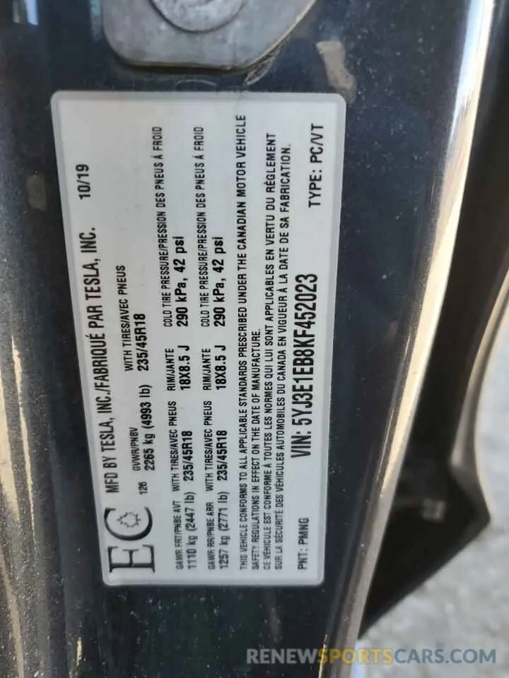 13 Фотография поврежденного автомобиля 5YJ3E1EB8KF452023 TESLA MODEL 3 2019