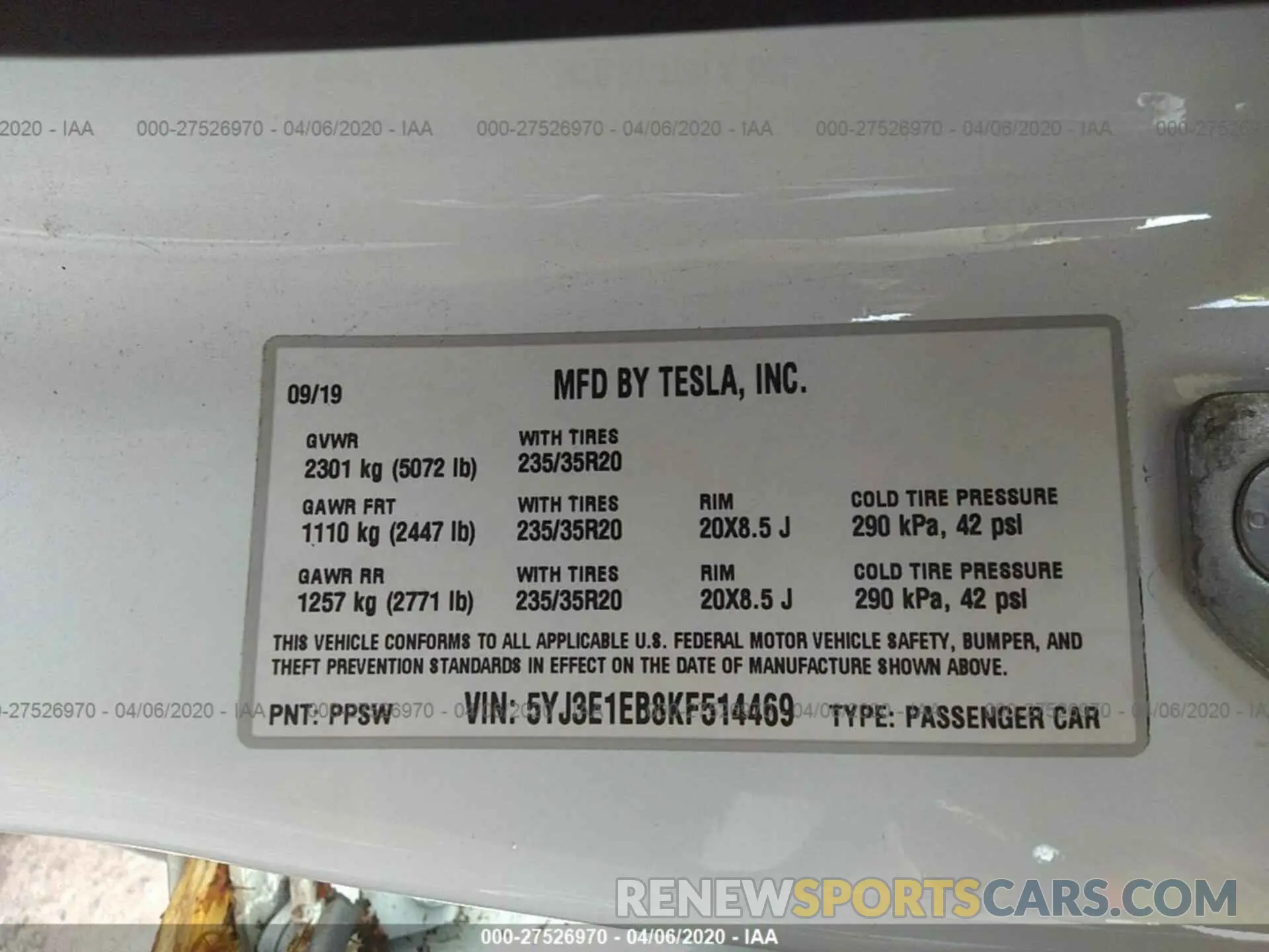 9 Photograph of a damaged car 5YJ3E1EB8KF514469 TESLA MODEL 3 2019
