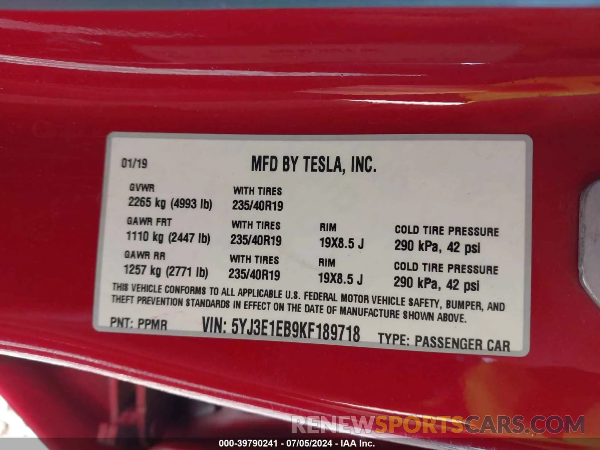 9 Photograph of a damaged car 5YJ3E1EB9KF189718 TESLA MODEL 3 2019