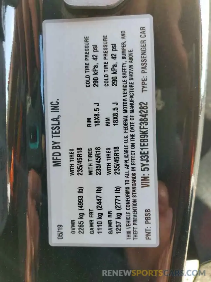 12 Photograph of a damaged car 5YJ3E1EB9KF384282 TESLA MODEL 3 2019