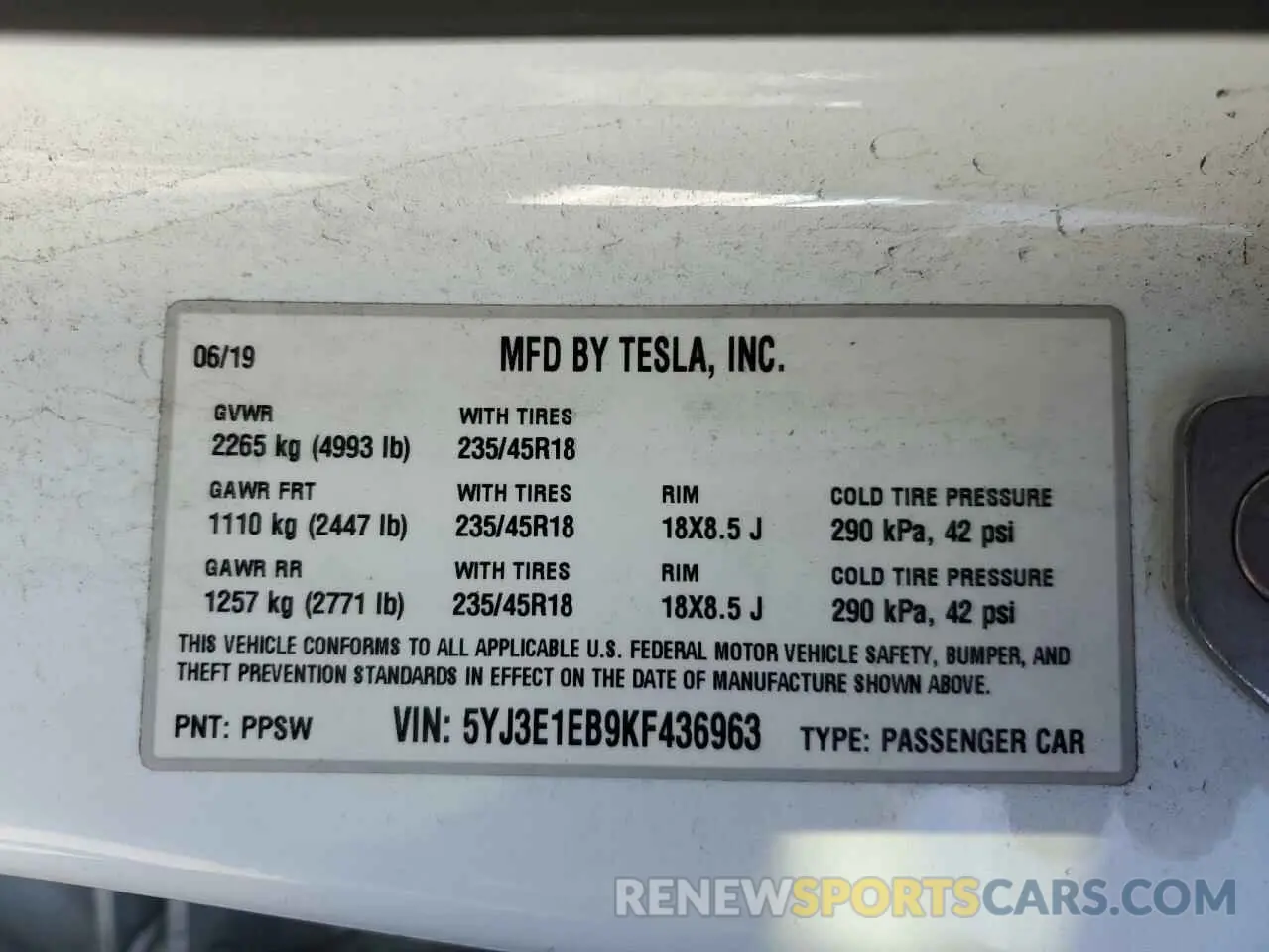 13 Photograph of a damaged car 5YJ3E1EB9KF436963 TESLA MODEL 3 2019