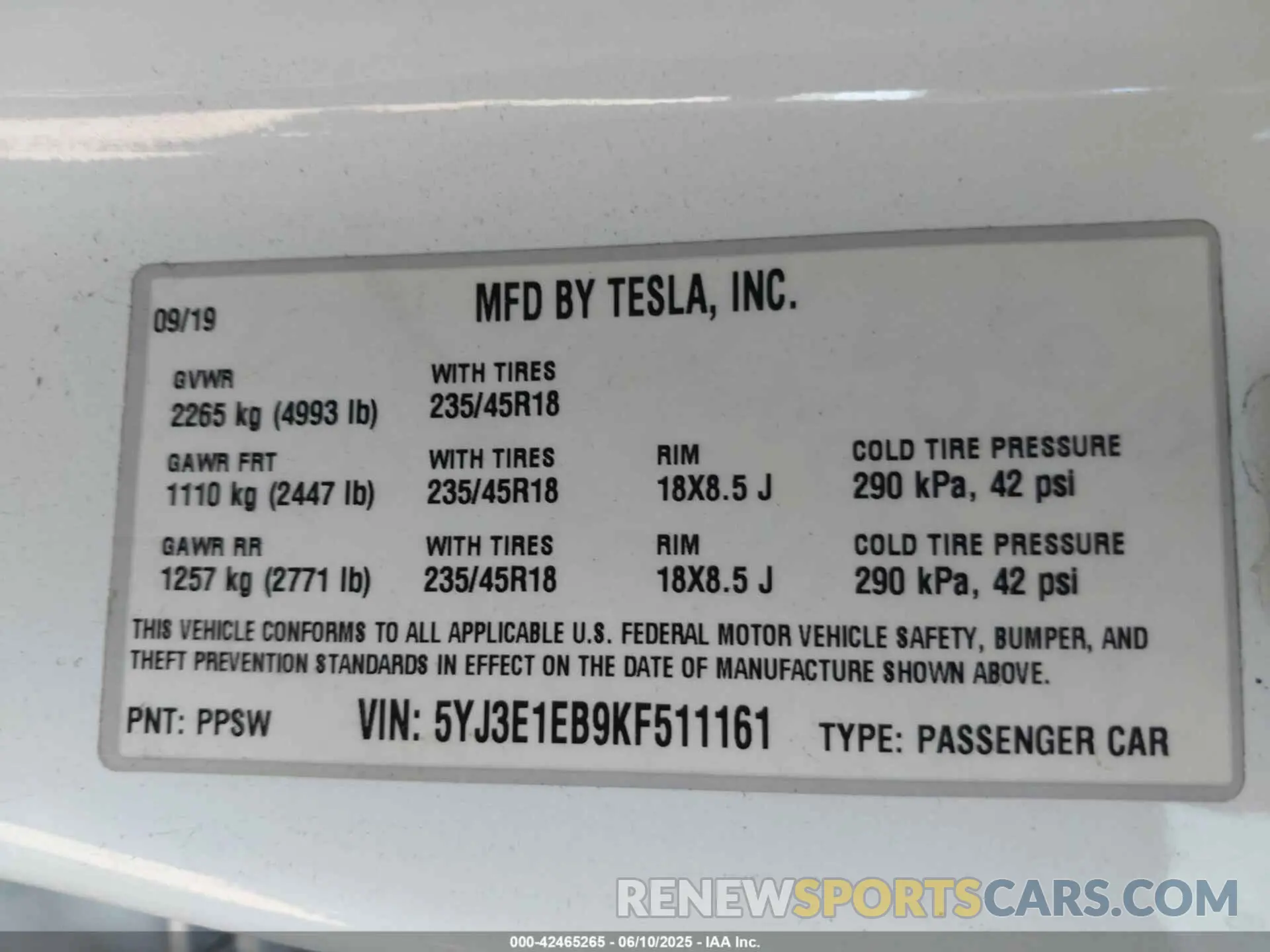 9 Фотография поврежденного автомобиля 5YJ3E1EB9KF511161 TESLA MODEL 3 2019