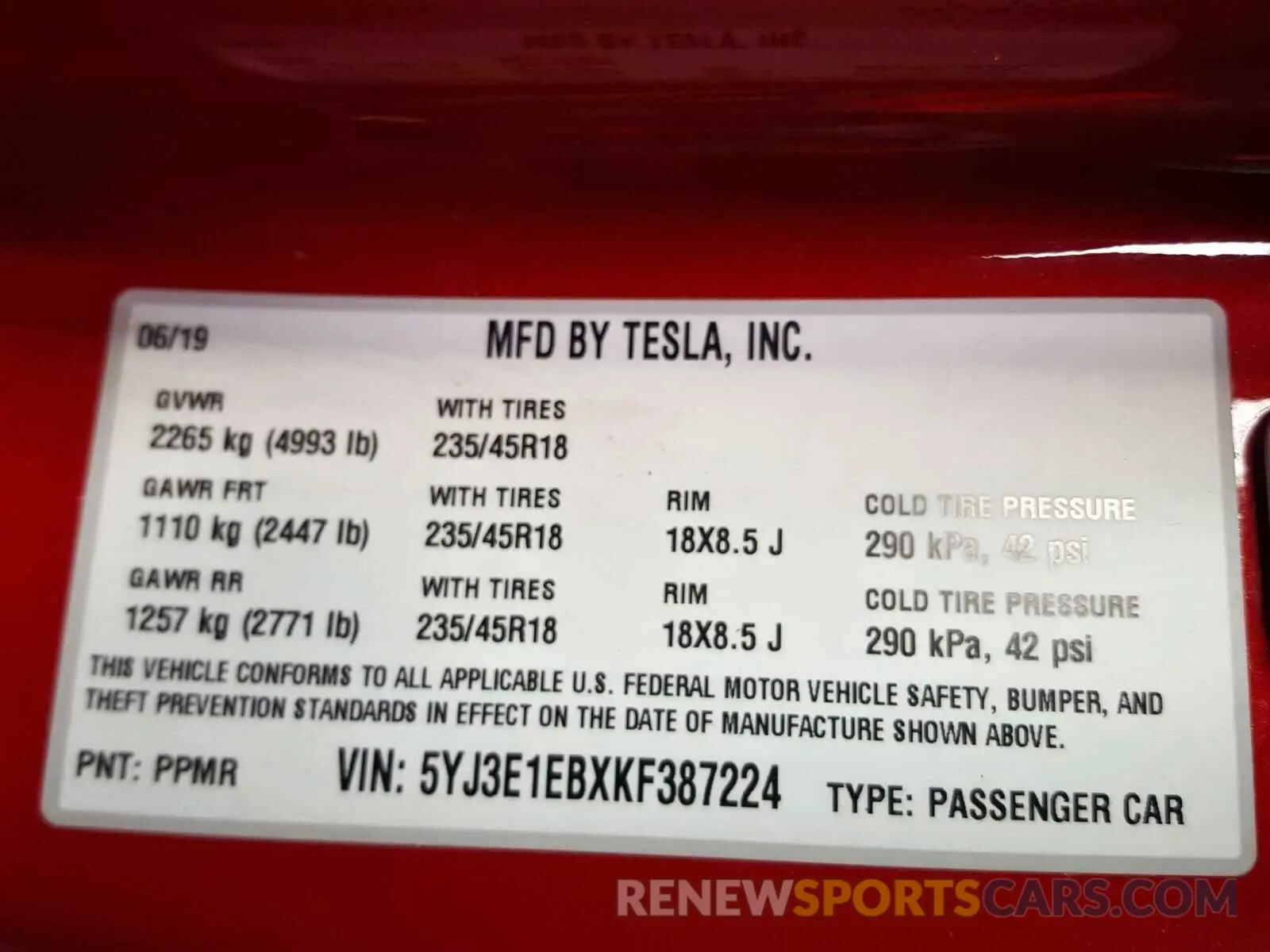 10 Photograph of a damaged car 5YJ3E1EBXKF387224 TESLA MODEL 3 2019