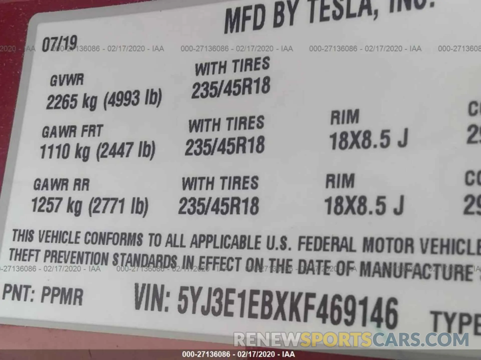 9 Photograph of a damaged car 5YJ3E1EBXKF469146 TESLA MODEL 3 2019