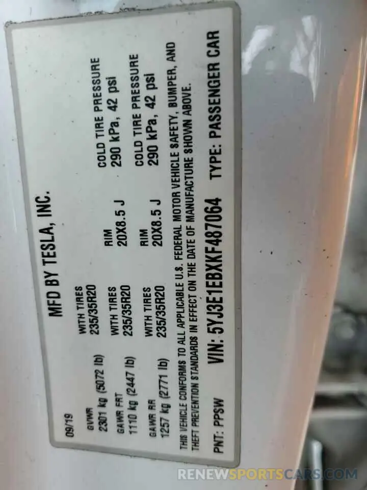 13 Photograph of a damaged car 5YJ3E1EBXKF487064 TESLA MODEL 3 2019