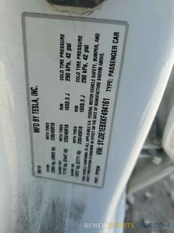 12 Фотография поврежденного автомобиля 5YJ3E1EBXKF494161 TESLA MODEL 3 2019